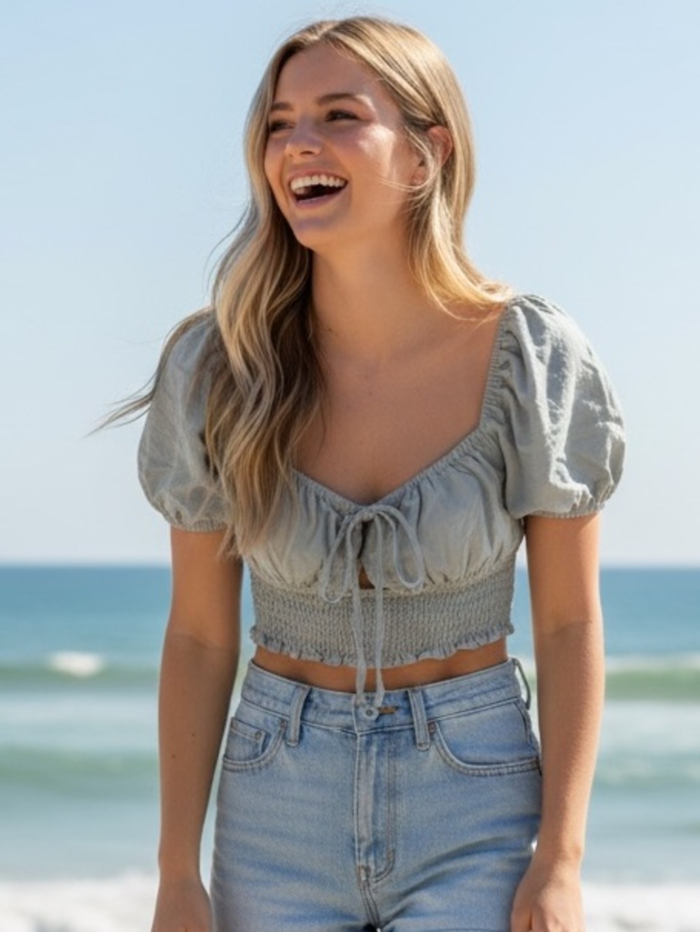 La Hearts Sage Green Smocked Crop Top with Puff Sleeves